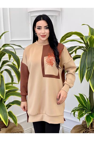 Çiçek Nakış Spor Tunik 10370 Kahverengi