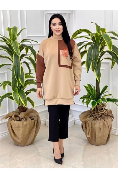 Çiçek Nakış Spor Tunik 10370 Kahverengi