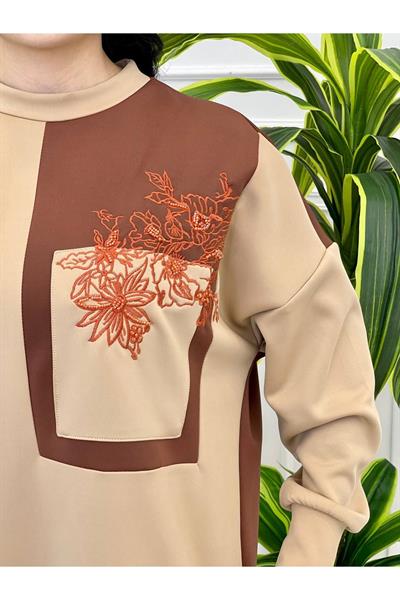 Çiçek Nakış Spor Tunik 10370 Kahverengi