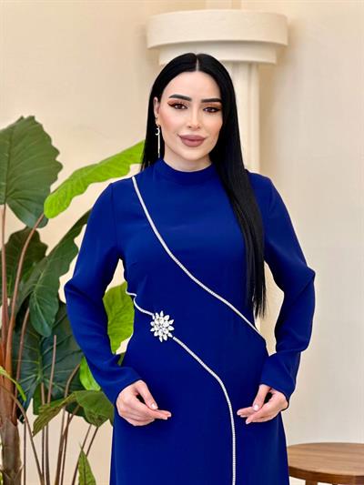 Çiçek Şerit Taş Krep Elbise 3003  E-25 Saks