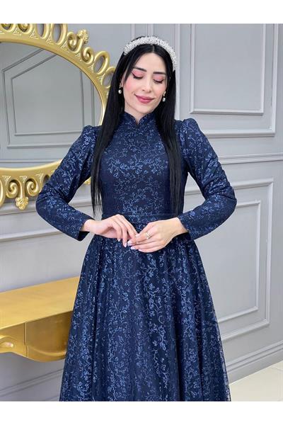 Çiçek Sim Bilek Boy Abiye 17570 Lacivert