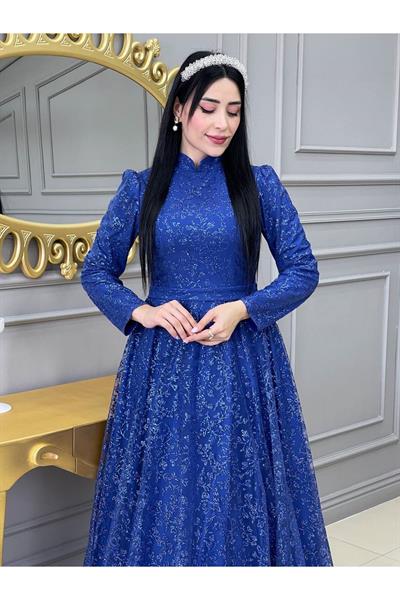 Çiçek Sim Bilek Boy Abiye 17570 Mavi