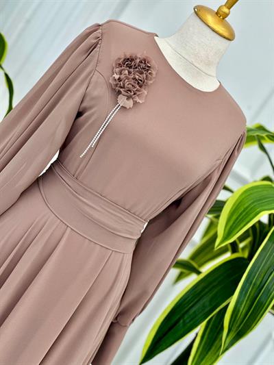 Çiçek Taş Broş Şifon Elbise 1516 t-24 Vizon