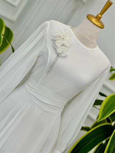 Çiçek Taş Broş Şifon Elbise 1516 t-24 Beyaz