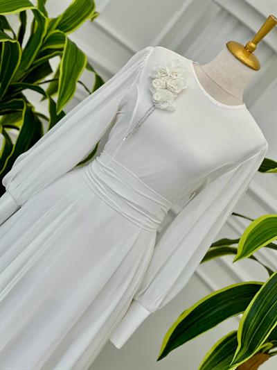 Çiçek Taş Broş Şifon Elbise 1516 t-24 Beyaz