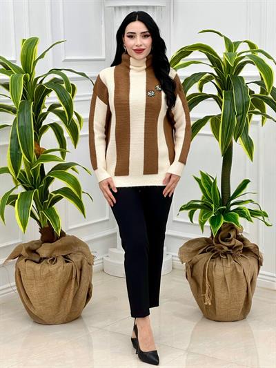 Çiçek Taş Çizgili Kazak 7715 Vizon