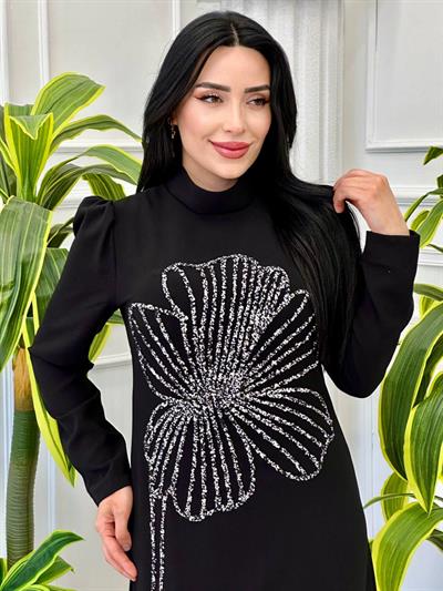 Çiçek Taş İşleme Krep Elbise 941 t-24 Siyah