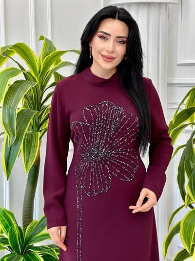 Çiçek Taş İşleme Krep Elbise 941 t-24 Mürdüm