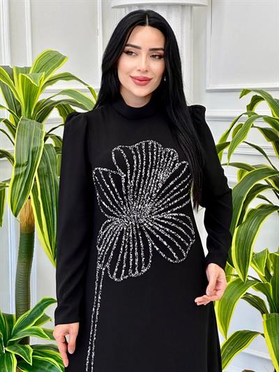 Çiçek Taş İşleme Krep Elbise 941 t-24 Siyah
