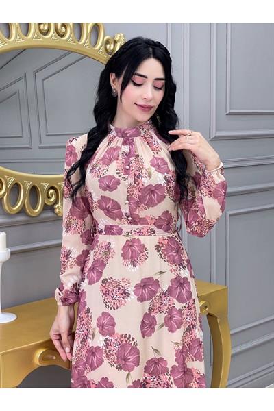 Çiçekli Elbise 3307 Bej