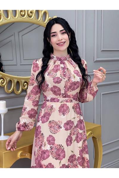 Çiçekli Elbise 3307 Bej