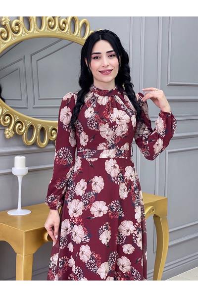 Çiçekli Elbise 3307 Bordo