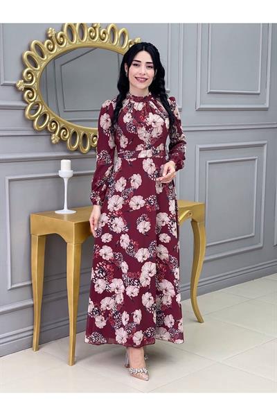 Çiçekli Elbise 3307 Bordo
