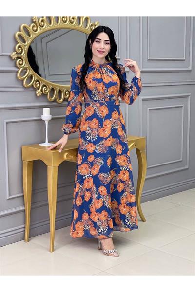 Çiçekli Elbise 3307 İndigo Mavi