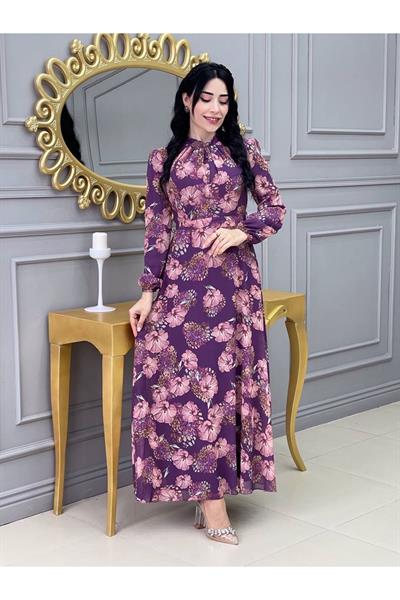 Çiçekli Elbise 3307 Leylak