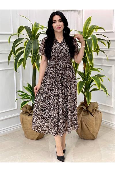 Çiçekli Kısa Kol Elbise 5078 Leopar