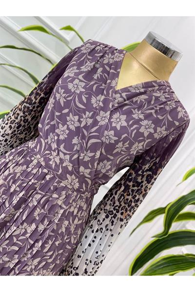 Çiçekli Sulu Desen Elbise 0724 Lila