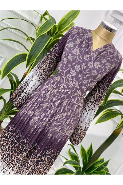 Çiçekli Sulu Desen Elbise 0724 Lila