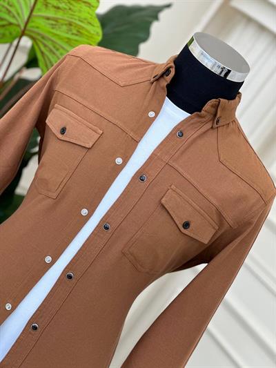 Çift Cep Keten Gömlek 0703 T-24 Kahverengi