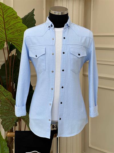 Çift Cep Keten Gömlek 0703 T-24 Mavi