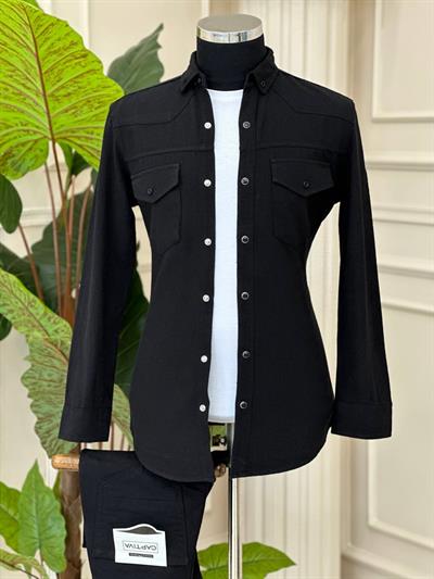 Çift Cep Keten Gömlek 0703 T-24 Siyah