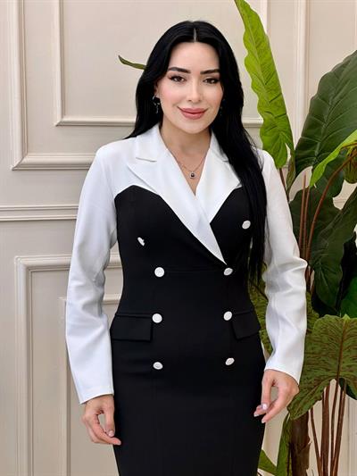 Çift Düğme Geçişli Krep Elbise 7010 t-24 Siyah