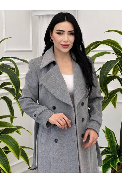 Çift Düğme Kemerli Kaban 23k20 Gri