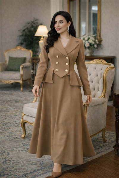 Çift Düğme Takım Görünümlü Elbise 7096 T-26 Bej