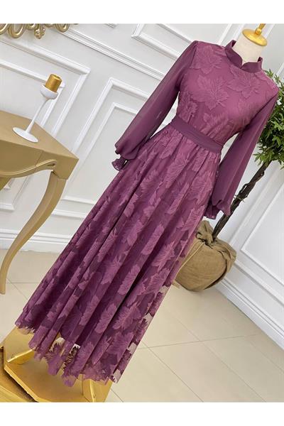Çınar Yaprak Güpür Elbise 1063 Rose