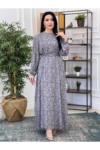 Çini Desen Şifon Elbise 3073 Gri