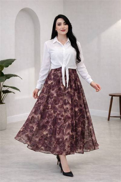Çini Desen Şifon Etek 1092 T-26 Mürdüm
