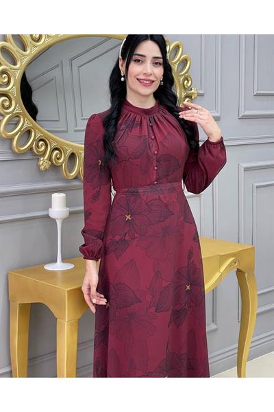 Çizği Çiçek Elbise 3308 Bordo