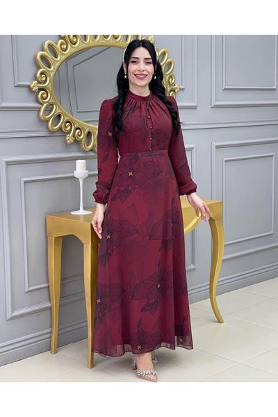 Çizği Çiçek Elbise 3308 Bordo