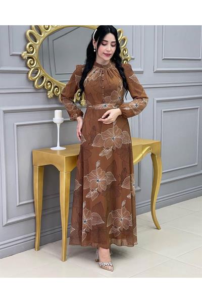 Çizği Çiçek Elbise 3308 Kahverengi