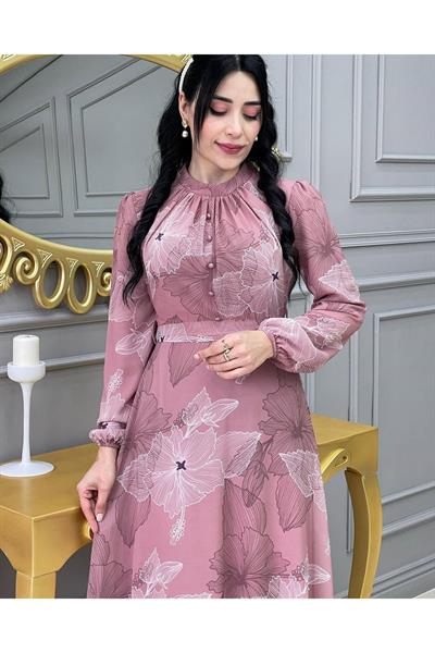 Çizği Çiçek Elbise 3308 Purdra