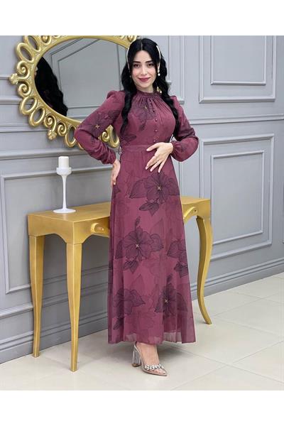 Çizği Çiçek Elbise 3308 Rose