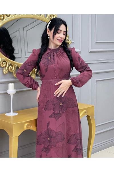Çizği Çiçek Elbise 3308 Rose