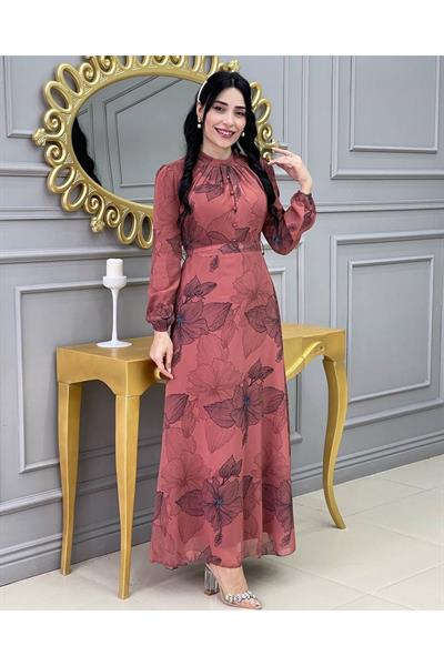 Çizği Çiçek Elbise 3308 Taba