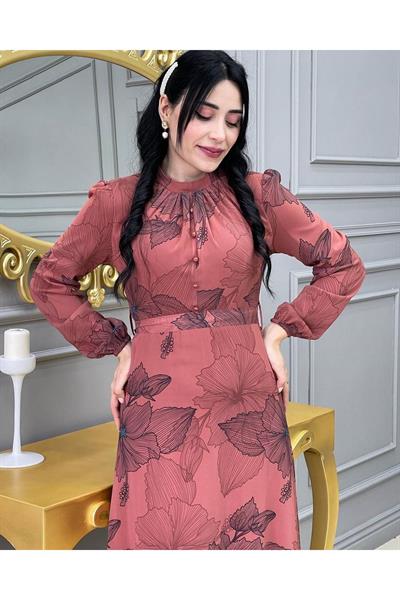 Çizği Çiçek Elbise 3308 Taba