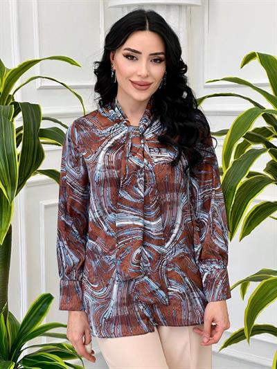 Çizgi Desen Fularlı Gömlek 718 Kahverengi