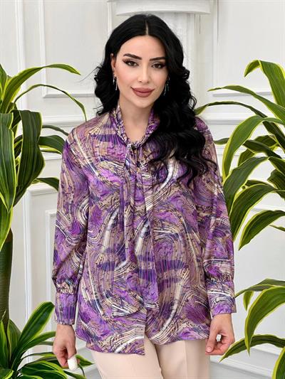 Çizgi Desen Fularlı Gömlek 718 Lila