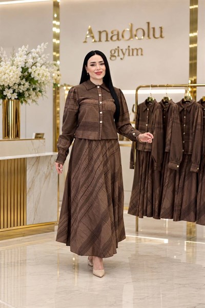 Çizgi Detay Etekli Takım 3042 T-26 Kahverengi