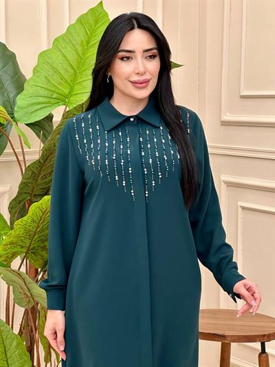 Çizgi Taş Düğmeli Tunik 1020 t-25 Zümrüt Yeşil