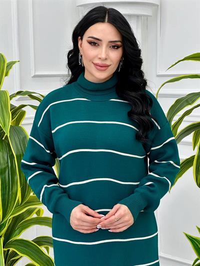 Çizgili Balıkçı Yaka Triko Elbise 140124 T-24 Yeşil