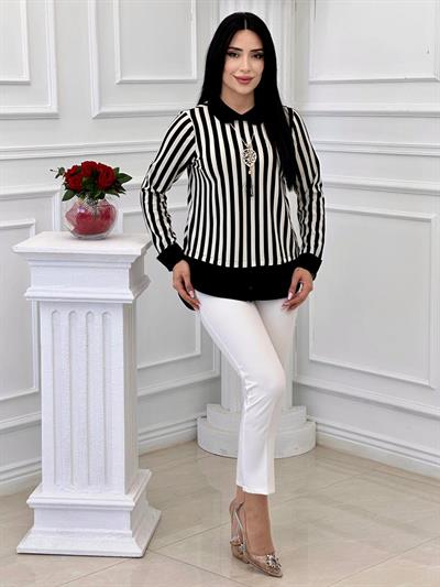 Çizgili Bebe Yaka Bluz 3844 T-24 Siyah Beyaz
