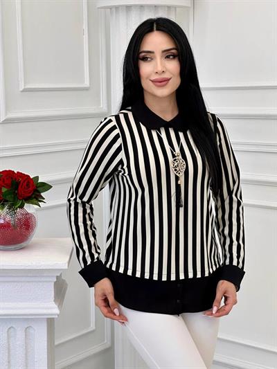 Çizgili Bebe Yaka Bluz 3844 T-24 Siyah Beyaz