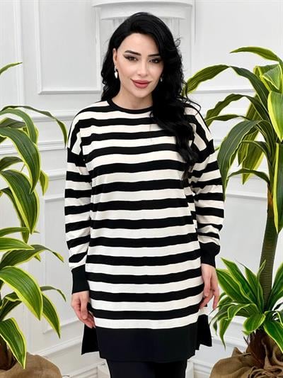 Çizgili Bisiklet Yaka Tunik 140134 T-24 Siyah