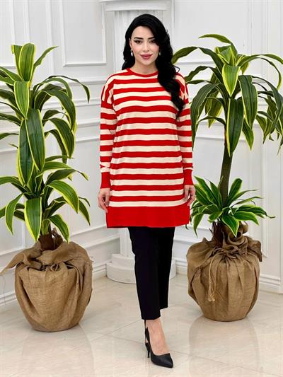 Çizgili Bisiklet Yaka Tunik 140134 T-24 Kırmızı