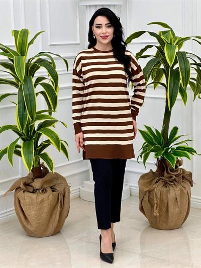 Çizgili Bisiklet Yaka Tunik 140134 T-24 Kahverengi