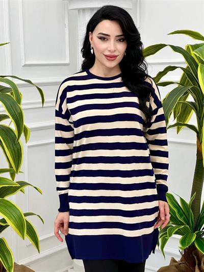 Çizgili Bisiklet Yaka Tunik 140134 T-24 Lacivert